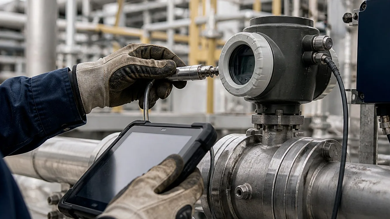 Técnico conectando um tablet a um medidor de vazão sobre a tubulação de uma planta